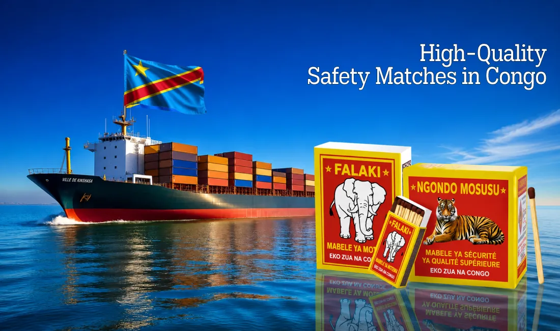 Safety matchbox cartons with cargo ship background highlighting export logistics for buyers in congo