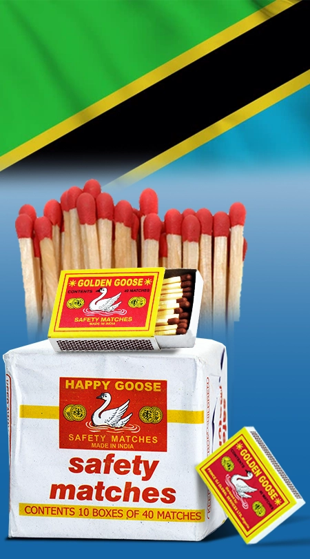 Long stick wooden household safety matches manufactured for safe and reliable use in Tanzania.